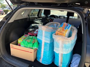 suv with back hatch open. trunk area is full of donated snack items.