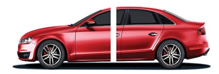 red sedan split into 2 sections