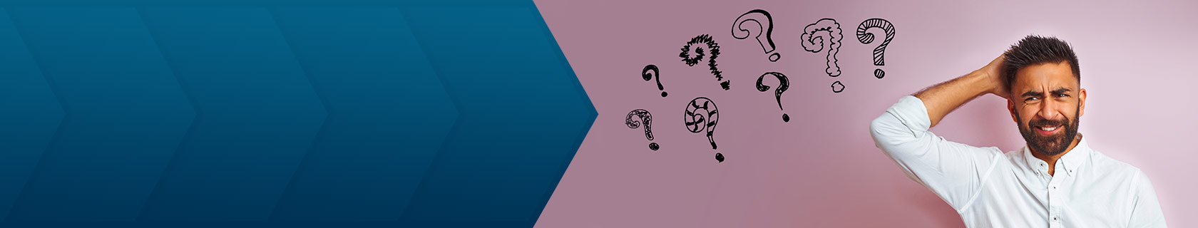 man scratching head, looking confused, with question marks surrounding him