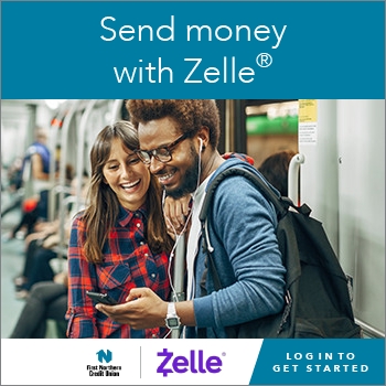 2 people looking at phone. Text says Send money with Zelle